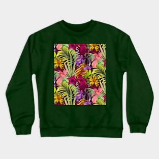 Elegant tropical flowers and leaves pattern floral illustration, red tropical pattern over a Crewneck Sweatshirt